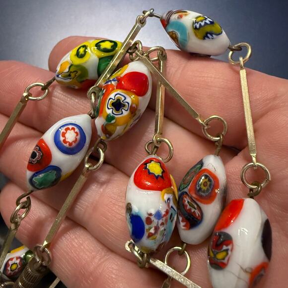 Vintage White Millefiori Murano Art Glass Gold Tone Necklace - Picture 9 of 10
